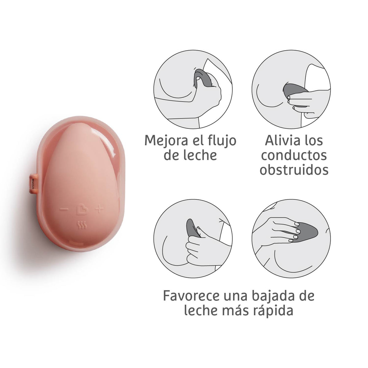 Masajeador de lactancia Munchkin con estuche y detalles de sus funciones
